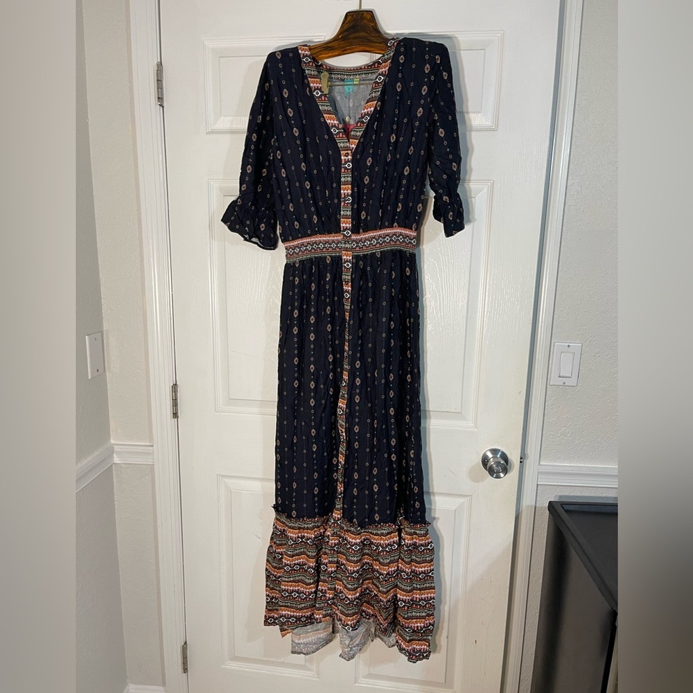 FARM Rio Navy Maxi Dress with Multicolor Border Print